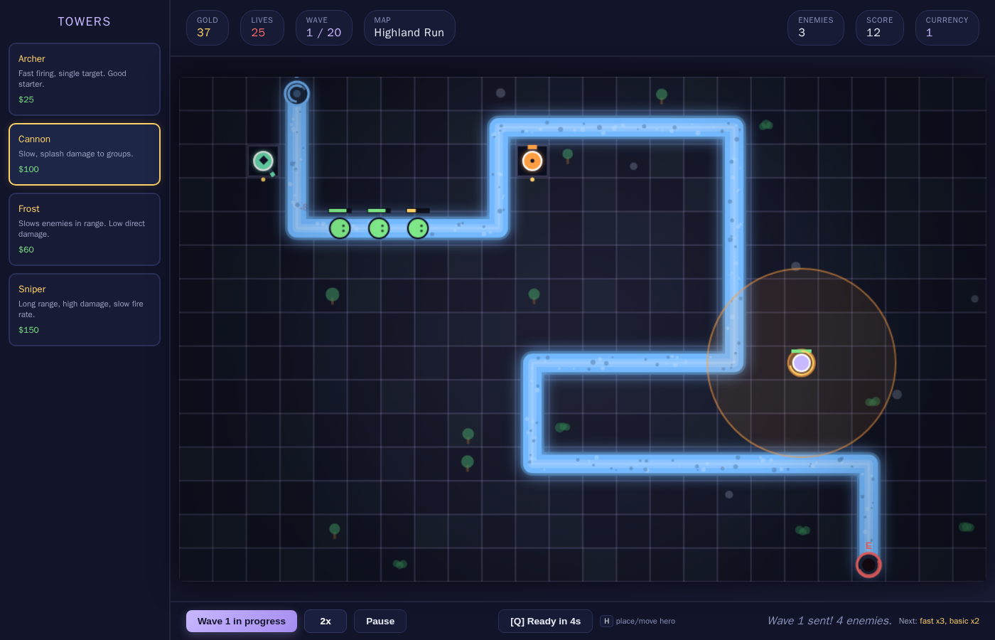 Tower Defence mid-game: wave 1 on the Highland Run path